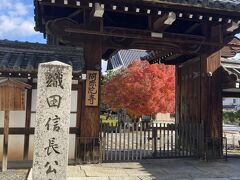 １３＜阿弥陀寺＞
　阿弥陀寺の門前には「織田信長公本廟」の石碑。「あれっ、本廟は確か大徳寺の総見院だったはずだが・・・」。真っ赤な紅葉が目に入ったこともあり、境内に入らせてもらった。