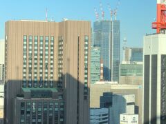ホテル『ザ ブラッサム 日比谷』からの景色の写真。

『帝国ホテル 東京』の右側に見える建設中の建物が
『ブルガリ ホテル東京』で、その奥に東京スカイツリーが見えます。

手前にある赤と白の鉄塔？は『東京電力』です。
もしかしたらこちらの陰に隠れて東京スカイツリーは見えないかも。。
【フィットネスルーム】からは見えました。