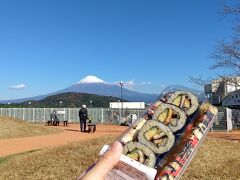 ベンチが空いていたので、富士川楽座で買ったお寿司を富士山を見ながら食べます。