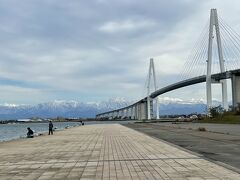 【新湊大橋（しんみなとおおはし）】
富山新港に架かる日本海側最大の2層構造の斜張橋です。
2002年（平成14年）11月着工し、上層の車道部分が2012年（平成24年）9月に開通、下層の自転車歩行者道は2013年（平成25年）6月16日に開通しました。

毎年11月頃に開催される10,000人参加の富山マラソンのコースで、橋の上から見る立山連峰の景色は最高です。