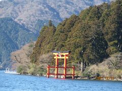 箱根神社入り口までバスで移動

箱根神社の平和の鳥居が見えます
あの奥にある箱根神社まで歩きます