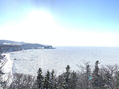 プユニ岬どーーーーーん！
水平線まで流氷が押し寄せてきてるのがよくわかりますね～。
左の方に見えるのがさっき歩いて来た道路なので、こんなに坂を上がってたんですね。