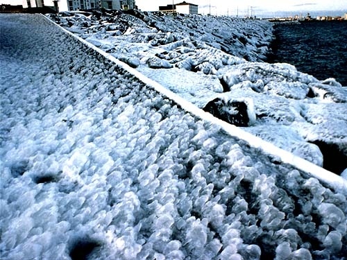 海沿いのひとコマ。<br />海辺の残雪が、かなりの低い気温での強風に晒されたのか、親指よりやや大きな形の風下に向けた氷になっていました。<br />