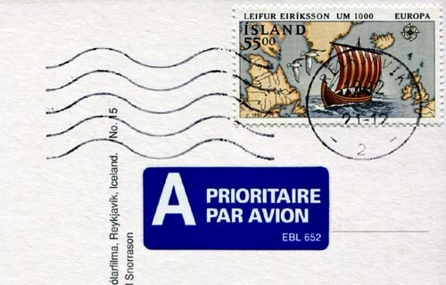 レイキャビクから出した絵はがきです。<br />切手の意匠は、この国の探検家・レイフ エリクソンが、最初のヨーロッパ人としてアメリカ本土に足を踏み入れたことを表したものです。<br />