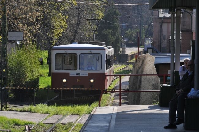 ホームの奥には平べったいデザインの登山鉄道の車両が停車していました。この登山鉄道はラックレール式のアプト式鉄道です。