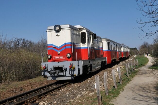 小さな客車を3両引っ張っています。