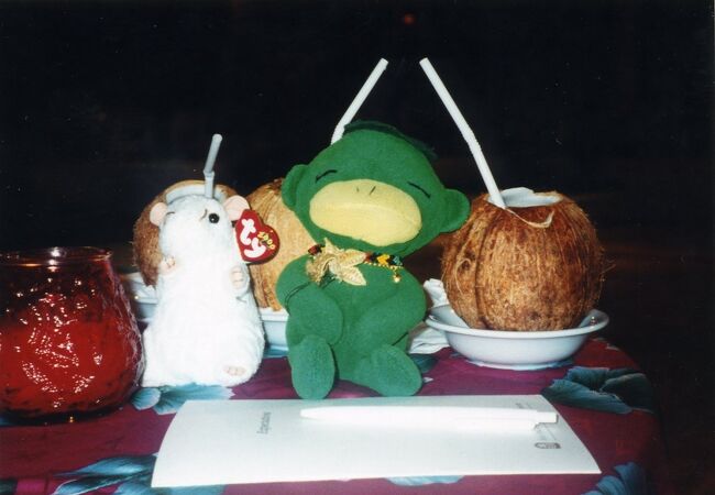 PPR主催のカクテルパーティーで。後ろのヤシの実にはラム酒が入っています。<br />デイユースの我々も参加できます。機会があれば是非。