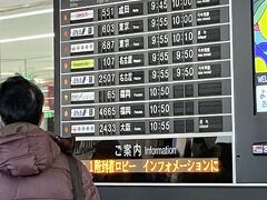 9:50 宮崎ブーゲンビリア空港に到着。

掲示板が電光じゃなかった。カタカタカタって回る、ザベストテンみたいなやつで懐かしい感じでした。
降りた瞬間、人人人！きっと宮崎で年末年始を過ごす子どもや家族のお迎えに来てるんでしょうね。県民性なのかな。あったかいですね♪