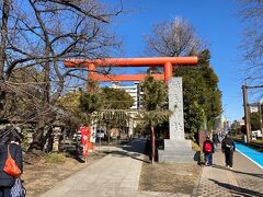 二つ目の神社、「稲毛神社」の正面赤鳥居です。
このすぐ右側が第一京浜（国道15号線）になっています。