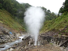 国の天然記念物にも指定されている噴泉です。
100℃近い熱泉が高さ20mまで噴き上がります。
風向きによっては噴泉のしぶきが対岸にある後楽館の露天風呂に降り注ぎ、露天風呂に虹がかかる事もあるそうです。
露天風呂に入りながら虹が見れるなんて、なかなか無いですよね。