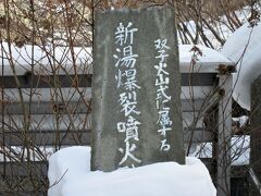 新湯爆裂噴火口跡（栃木県那須塩原市）

石碑の後ろの柵の向こうで、常に湯煙が上っています。