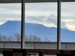 2階の食事会場から、阿蘇山が見えた。

中岳から噴煙がのぼっている。