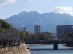 甲突川の向こうに桜島が大きい　暖かそうにみえますが風が冷たい