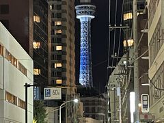 ブルーにライトアップした『横浜マリンタワー』の写真。