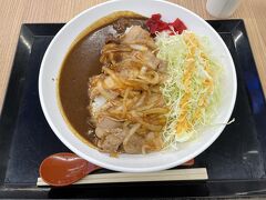 酒々井PAで食事にしました。
写真の食べ物はカレーなんですけど、生姜焼きも一緒に乗っているという2度美味しいカレーでした。ご飯は大盛りです。当然、食べきれないので夫にも食べて貰いました(^_^;)。
ご飯大盛りじゃ無いカレーもありましたが、コレを食べたかったんですよね～(*^^*ゞ。