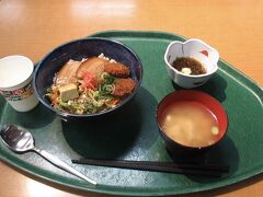 沖縄最後の食事をフードコートで食べるとします。
ゴーヤを食べていなかったのでゴーヤと豚肉とマグロカツが入った丼を食べました。