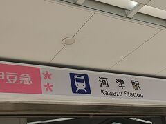 伊豆急にて、河津駅に到着。駅名の横に桜のイラストが描いてあってかわいいです。