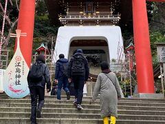 江の島に渡って参道をまっすぐ行くと
江島神社の階段が出てきます。