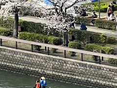 天満橋駅まえの八軒家浜前に到着
変な船を見つけました、ジェットバイクも数台、花見船は沢山見えます
八軒家浜の船着場では行列が出来ており、ごった返してました
お昼時でしたので、周辺の飲食店も行列ですし、桜の時期は予約も取れにくい状態です
1時間程のウォーキング終了です！