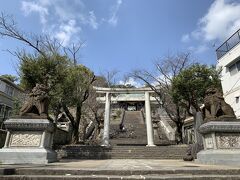 10分程度歩いて諏訪神社に到着。
思ったより大きな神社だ。

参道は、立派な狛犬と激しめの階段に守られております。
さあレッツゴー。