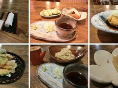 《そば処天庵》で遅い昼食。蕎麦豆腐の揚げ出し、手造りこんにゃくの小鉢、野菜天ぷら、いなりずし、デザートもそば寒天でおいしくいただきました。
