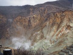 大涌谷です。
植物はほとんど見当たらず、一面茶色いです。

以前鹿児島の桜島を訪れた際に見た景色を思い出しました。
日本って大体どこに行っても山の緑が映える美しい景色が見られるので、こうした景色って別世界のように感じます。