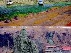 千畳敷海岸[https://aomori-tourism.com/spot/detail_72.html]はなかなかの景色です。奇景と言っていいかと。
碑によれば200年ちょっと前の地震で隆起して形作られたらしいです。地球的にはつい最近ですね。

海岸には車で乗り入れもできます。釣りをしている人がたくさんいました。

海の方まで隆起した岩が続いていてその先はいきなり海に。砂浜がないから見慣れない光景なのかもしれません。