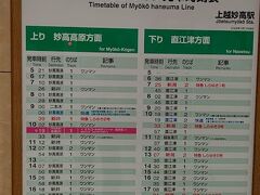 上越妙高駅のえちごトキめき鉄道の時刻表です。
鉄印を購入する各社の乗車駅時刻表は必ず撮るようにしています。
このおかげで、今回予定していなかった特急しらゆき３号に乗ることができました。