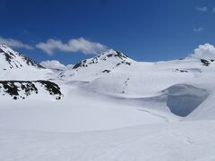 凍結して雪に埋もれたミクリガ池と浄土山