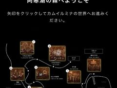 阿寒湖畔の自然探勝路、約1.2kmのナイトウォークです。1時間位かけてまわります。途中、8箇所のポイントがあり、そこに差し掛かると、暗闇の森の中に、光と音楽のプロジェクションマッピングが浮かび上がり、アイヌの伝統のお話を元にした冒険ストーリーを楽しみながら進んでいきます。
この写真はHPからお借りしました。