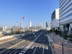 豊洲市場に続くペストリアンデッキからの眺望の写真。

環二通りの上にいます。

「市場前」駅の改札を出て右に行くと複合開発街区『ミチノテラス』
の『MEBKS TOYOSU（メブクス豊洲）』と『ラビスタ東京ベイ』が
あります。

ミチノテラス豊洲は、約2,000坪のフロアプレートを有する
大規模賃貸オフィスビルと、豊洲エリア最大規模のホテルを核に
整備を進めてきた総延床面積約12万㎡の複合開発街区です。

オフィス棟とホテル棟の間の街区中央には、高速バスやBRTの
ターミナルとなる交通広場を配置し、その上部に広場状のデッキ空間
を整備しています。このオープンスペースを介して、街区に隣接する
新交通ゆりかもめ「市場前」駅と晴海運河の水辺空間をつなぐ
歩行者デッキも整備しており、これらの施設を、交通結節機能や
賑わい・情報発信機能、災害時対応機能を備えた都市型道の駅
「豊洲MiCHiの駅」として運用します。