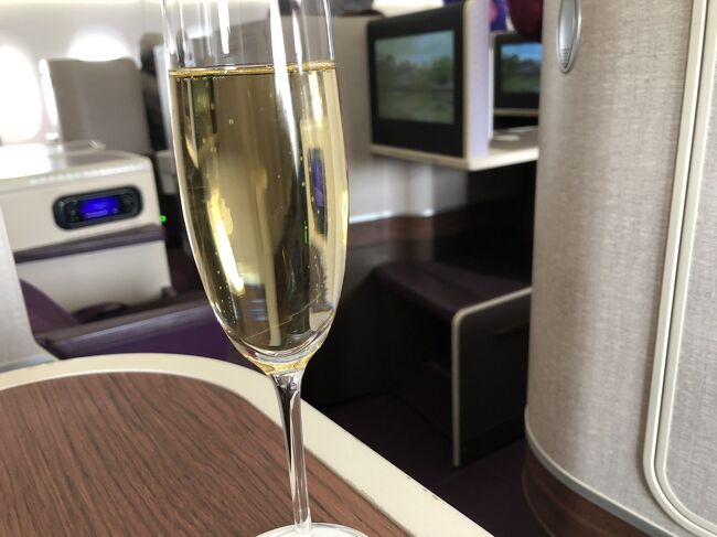 寂しい風景の空港から機内に入るとそこはやはりビジネスクラス。<br />ウェルカムシャンパンでちょっとリッチな気分^ ^