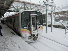 水上駅で乗り換えます。ほとんどの人がこちらに乗り換えるので雪が吹き込んでいた跨線橋、滑らないように早足で乗り換え、座席を確保します。なんとか座ることができました。