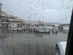 定刻どおり到着。飛行機が止まると、すぐに窓に雨粒が・・割と強い雨です・・・

その中でも空港のスタッフの方は並んでお出迎え。無理しなくていいのに。風邪ひかないでくださいね。