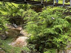 翌朝、山梨市から秩父方面へ抜ける国道140号「雁坂みち」の途中にある
滝を見に行きます。
遊歩道を下り吊り橋を渡ります。
