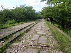 桜並木の蹴上インクライン。

琵琶湖疎水を運航してきた船を蹴上船溜りから台車に乗せ
傾斜を利用して南禅寺船溜りまで運んだ傾斜鉄道。
この２つの船溜りの間は傾斜がきついために水路ではなく
この方式がとられました。
もちろん現在は使われていませんがレールが残っています。

風情ある風景が広がっていて
たくさんの観光客の方がいらっしゃいました。
桜の季節は壮観でしょうね～。
この季節も新緑の緑が光って美しいです。