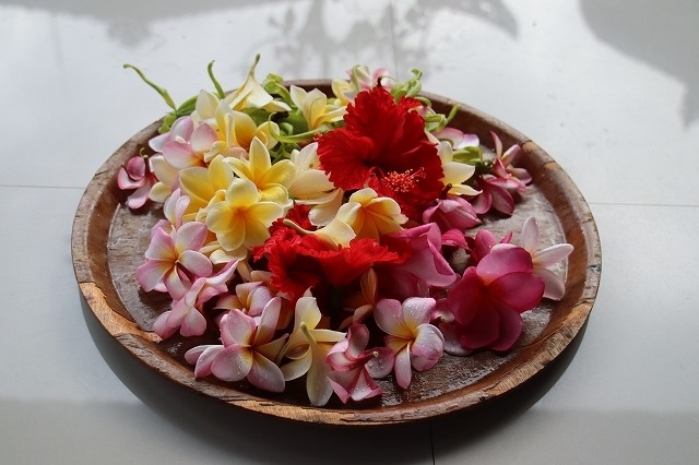 たくさんのプルメリアとハイビスカス、黄緑に見えているのはイランイラン、香水に使われる花です。<br />自宅で集められるものと朝市で購入するものがあります。<br />