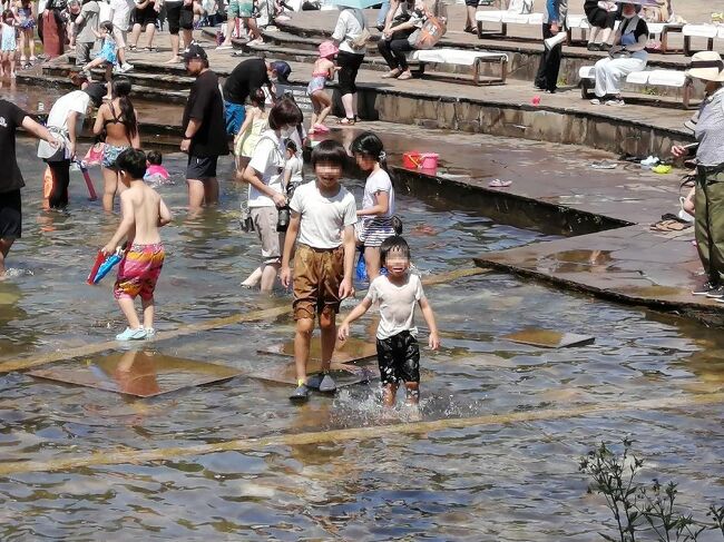 梅雨の中休み? いい天気で、子供たちは大喜びの楽しい水遊び!』国立