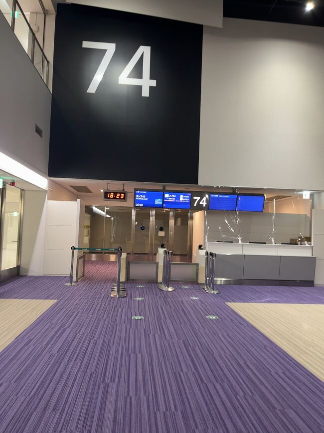 予約していた免税品の受け取りが17時？急いで出国して受け取りに行かないと！！<br /><br />とりあえず出国してビックリ<br />何か食べたくてもレストランやってない。<br />免税品のお菓子もほぼ売り切れで食べ物の購入はできず<br /><br />機内食まで我慢です。<br /><br />74番ゲート前で待機<br />思ったよりも人がいました。<br /><br />行きは100人居ない位？<br /><br />ビジネスは満席でプレエコやエコ前方は混んでいたので、あらかじめ後方のお席にしておきました。