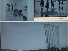 車中では、それぞれの観光スポットにちなんで、昔の松江の写真が映されます。
これは、宍道湖の様子。
昔は、潮干狩りでシジミが採れたのですね～。
宍道湖に、北前船が航行している様子（下の写真）。