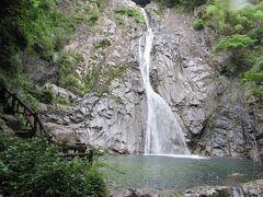 【布引の滝・雄滝】

雨がかなり降ってきましたが、無事辿り着きました！
ひんやりとマイナスイオンを感じながらぼーっと20分ほど過ごし･･･
雨足が強くなった帰り道はぬかるんでいて下るのが怖かった～

「夫婦滝」で雄滝の滝つぼから２筋になって流れてる滝です。