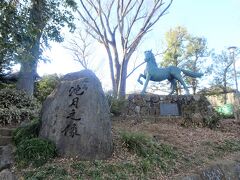 洗足池公園では歩いていて必ず目に止まる千束八幡神社の『名馬池月の銅像』