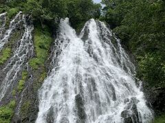 国道沿い、それは突然現れた。
日本の滝100選にも選ばれている、オシンコシンの滝。
道路からも見えるし、駐車場やトイレも完備されている。
階段を登ればかなり近づける。

ただし、一眼レフカメラとスマホも水滴を浴びるほど近づけるので、ガードして近づくべし。
これは決死の1枚。