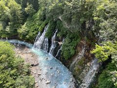 １０：１０　「白ひげの滝」に到着しました。滞在時間は１５分です。橋の上からよく見えます。

崖の下の層は大昔の土石流がたまったレキや砂の層で、その上に重なる岩の層は溶岩です。１００万年の十勝岳火山の歴史が、地層に現われています。