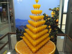 松山空港で出迎えてくれたのはみかんジュースタワー！
シャンパンのように鮮やかです！
