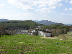 山頂まで登って来ましたが・・・
あれ？
白樺湖が思ったほど見えない上に、花が全く咲いてない・・・
池の平ホテルの全景を見渡す感じです。