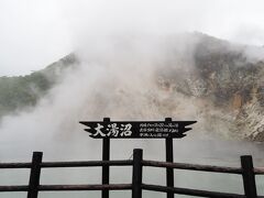 約50km移動して、登別温泉に移動。「大湯沼」に向かいました。移動中、雨が降り出して土砂降り(；・∀・) あらら。でも、ずっと雨予報だったのに、ここまでほとんど降られずに旅行できているので、流石に仕方がないねーな気持ち。

駐車場は、この大湯沼と登別地獄谷とどちらも利用できて500円です。