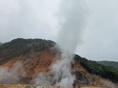 今度は「登別地獄谷」へ。日和山の噴火活動によってできた直径約450ｍ、面積約11haの爆裂火口跡とのこと。ここから１日１万ｔもの温泉が噴出しているらしいです。
https://noboribetsu-spa.jp/spot/spot0034/