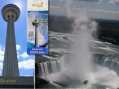 ↑
写真：Skylontower展望台から　カナダ滝

テーブルロックにも行くので、アーリーアメリカンな雰囲気のクリフトンヒルには寄らず。
Hard Rock Cafe前のバス停からWEGOバスブルーラインに乗ってスカイロンタワーへ。
(入場料金$19.0/人+税　Total $66.12/3人/約\7,100)

スカイロンタワー展望フロアは、金網超しに外の空気と音を感じながら滝を見るので、ホテルから窓越しに見るのとはまた違った体感！