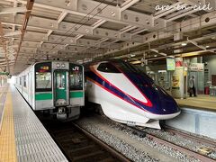 新庄駅から天童駅へ戻ります。
ちょうど山形新幹線が入線してきたので、在来線と新幹線のツーショット。
